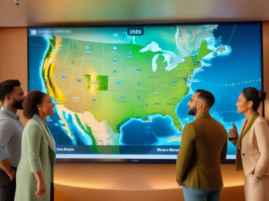 Un grupo diverso colabora emocionado en un mapa digital interactivo
