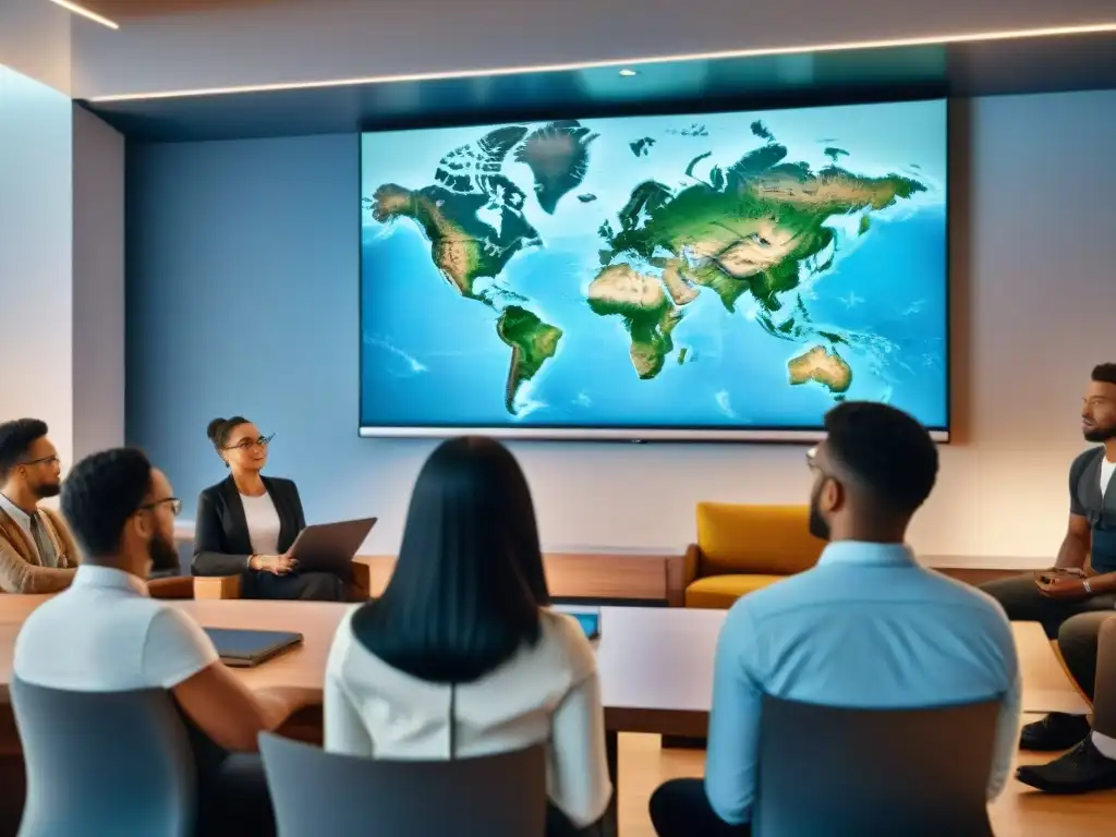 Grupo diverso de estudiantes atentos en aula moderna aprendiendo sobre Ética en la cartografía digital