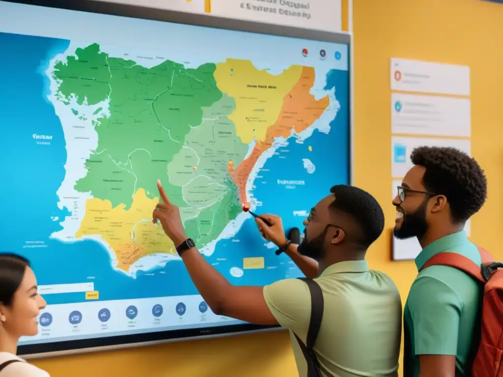 Un grupo diverso de estudiantes en un aula de educación especial utilizando mapas interactivos para aprender