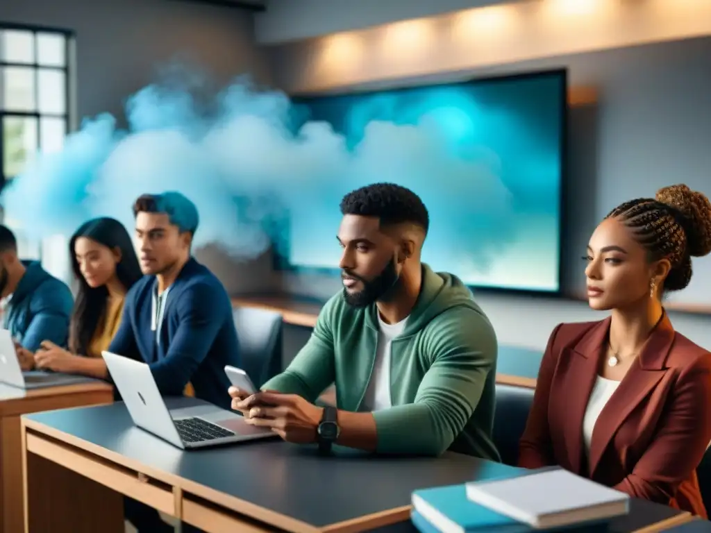 Grupo diverso de estudiantes colaborando en un aula tecnológica con dispositivos digitales y herramientas GPS