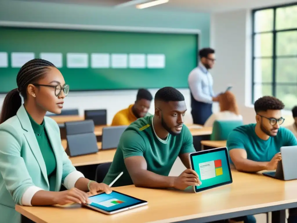 Grupo diverso de estudiantes concentrados en aplicaciones educativas de geolocalización cartografía en aula moderna y luminosa