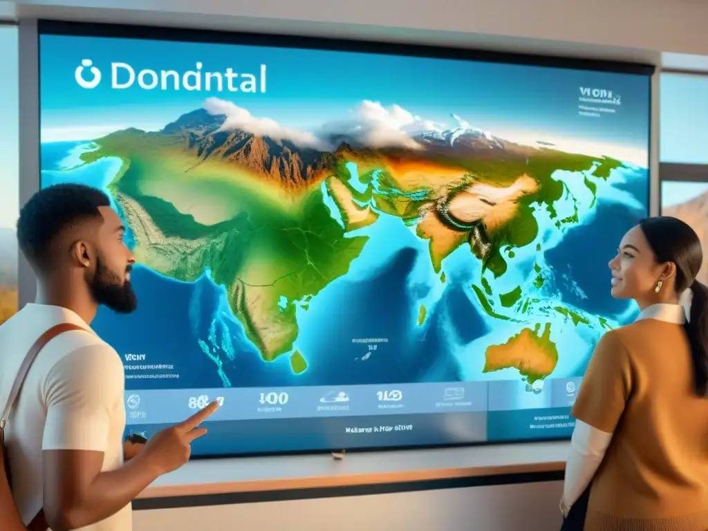 Un grupo diverso de estudiantes discute datos sobre cambio climático en un mapa interactivo en una aula moderna y techada