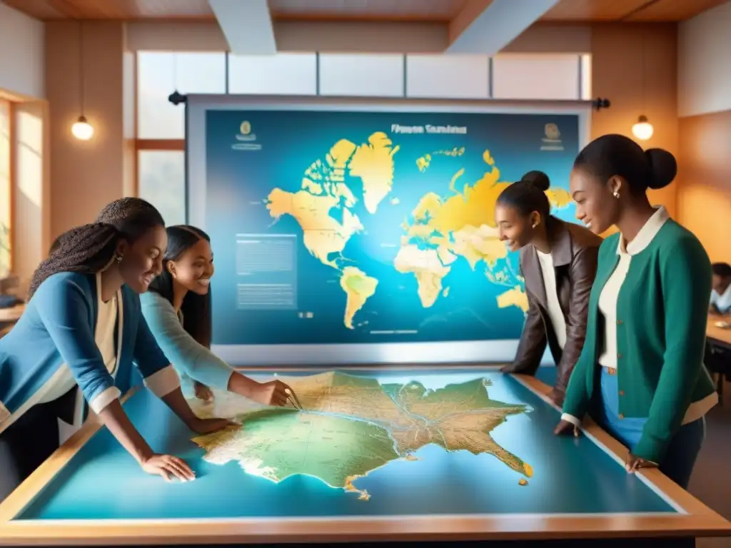 Estudiantes explorando un mapa detallado en el aula Grupo diverso de estudiantes examinan con entusiasmo un detallado mapa en clase