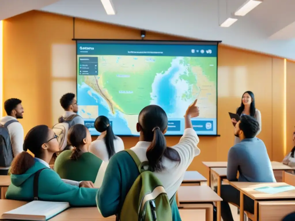 Un grupo diverso de estudiantes señala con entusiasmo un mapa interactivo gigante en un aula moderna