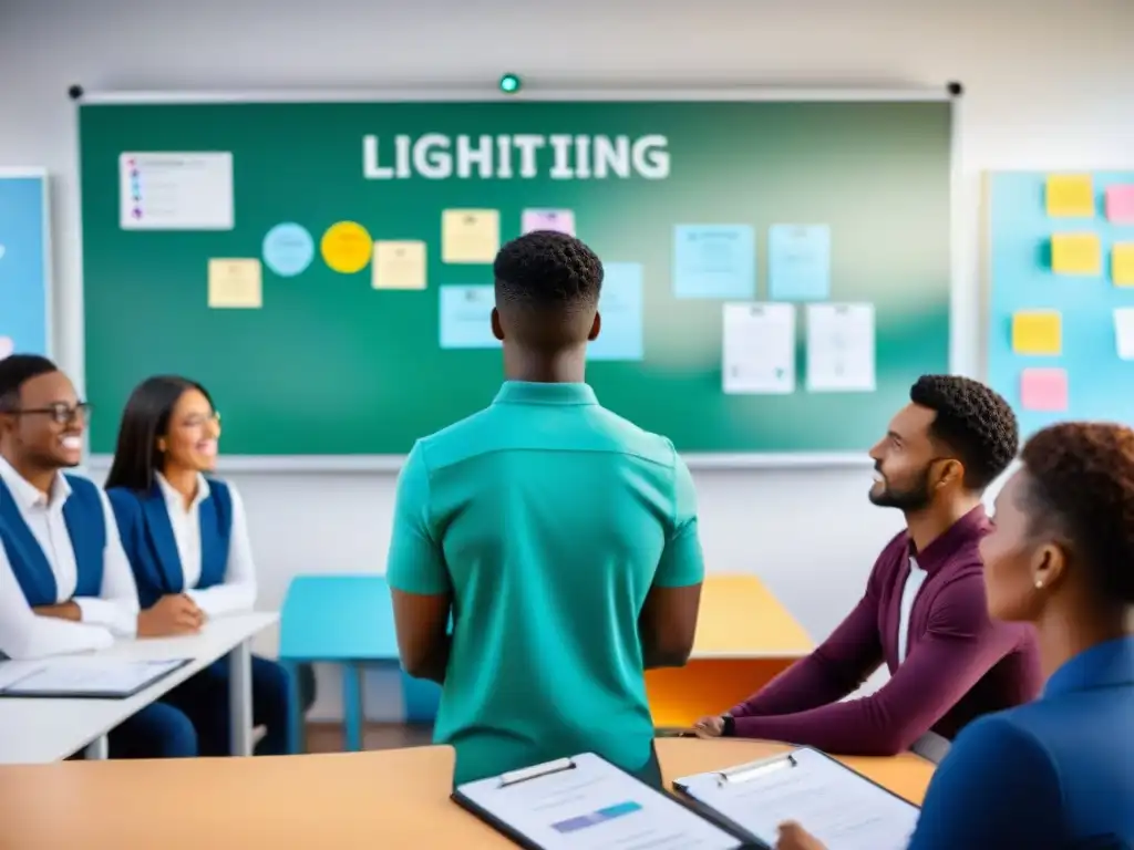 Grupo diverso de estudiantes colaborando con entusiasmo en aulas modernas