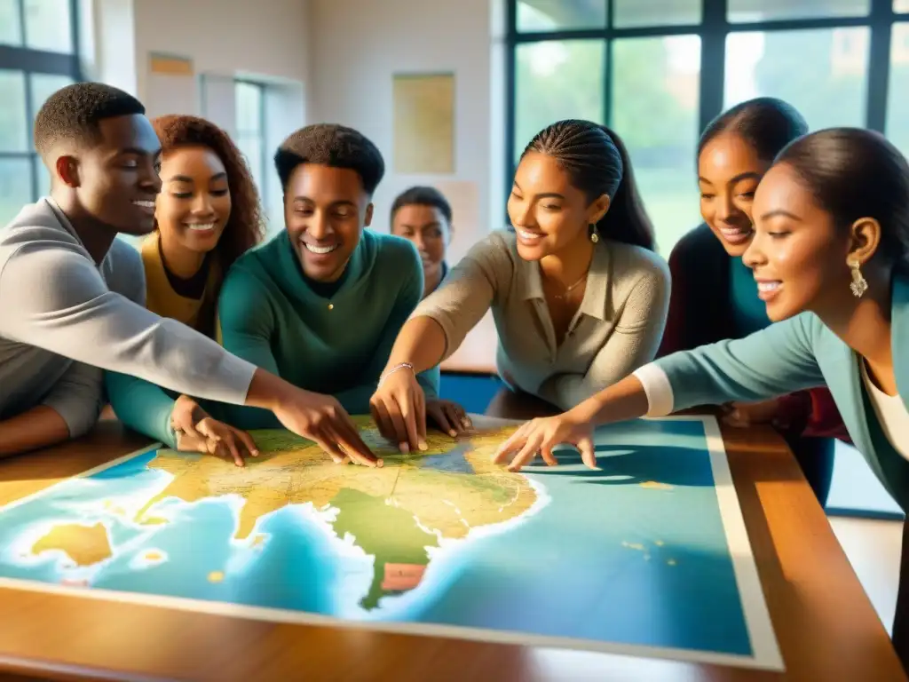 Grupo diverso de estudiantes se reúnen alrededor de un gran mapa vintage en aula