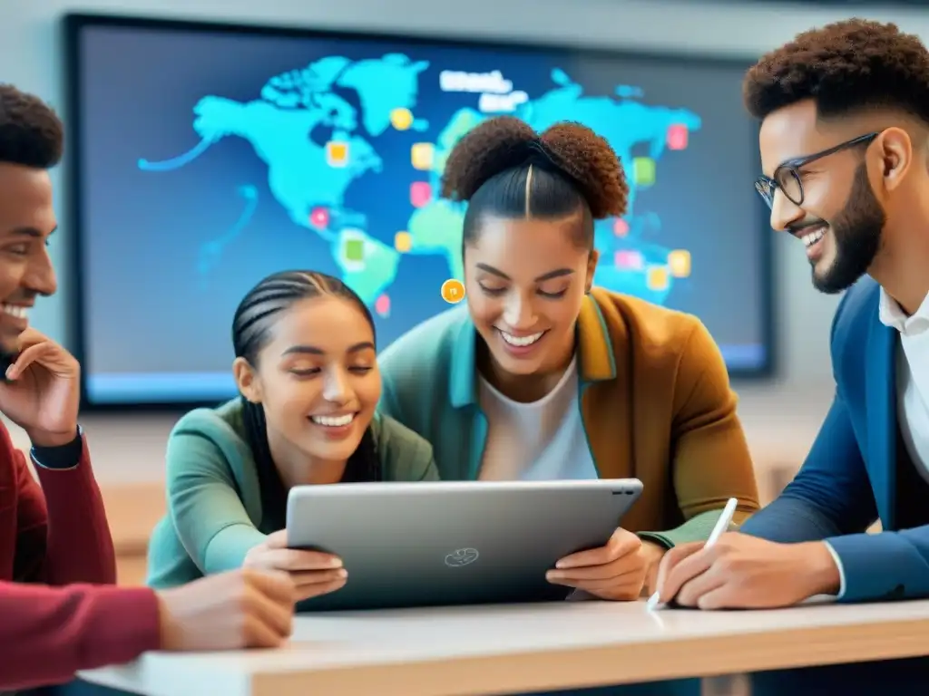 Grupo diverso de estudiantes creando mapas mentales educativos digitales en tablets, en un aula moderna y equipada