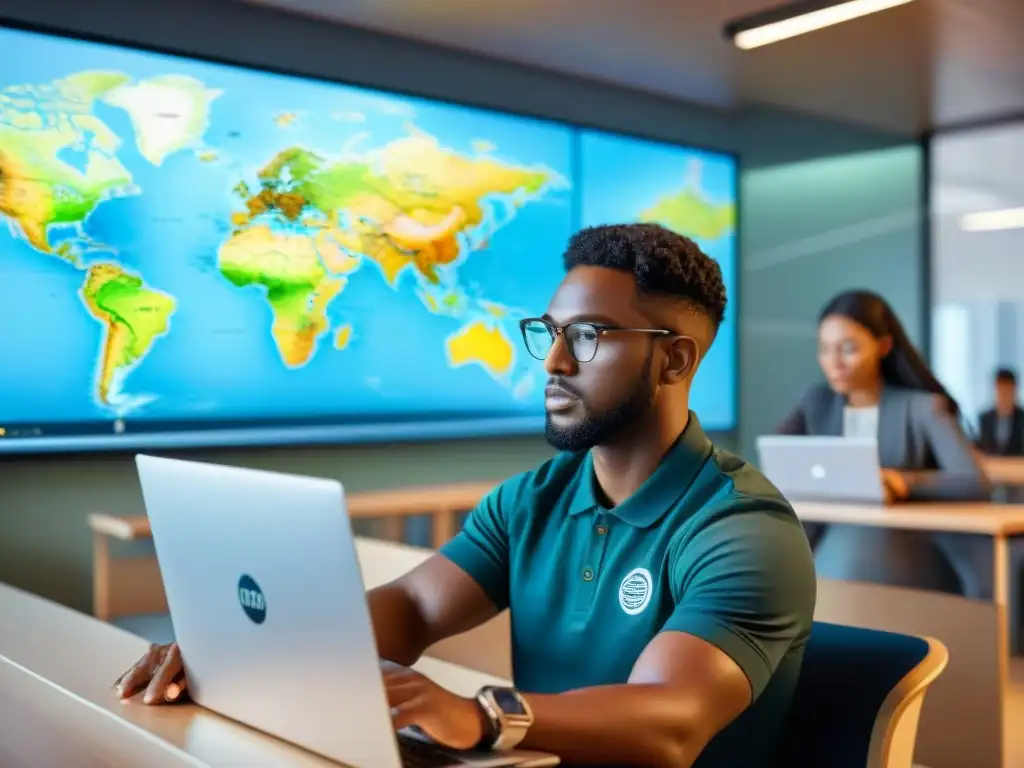 Grupo diverso de estudiantes estudian mapas digitales en un aula moderna, rodeados de mapas vintage