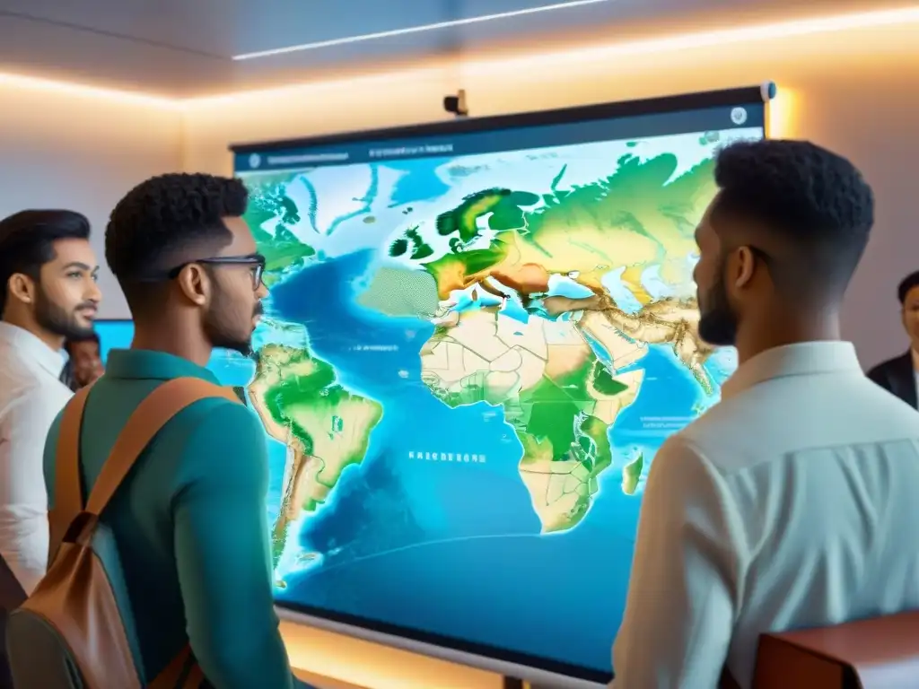 Grupo diverso de estudiantes interactuando con mapas digitales en un aula moderna y futurista
