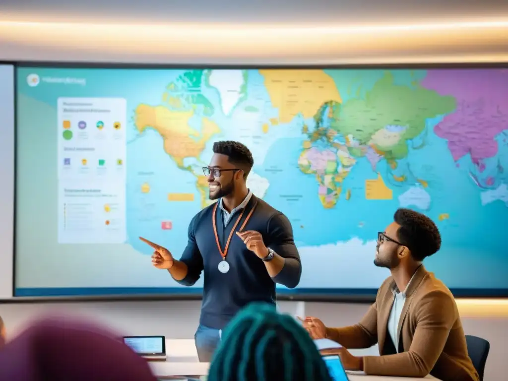 Grupo diverso de estudiantes colaborando con mapas conceptuales en moderno salón de clases