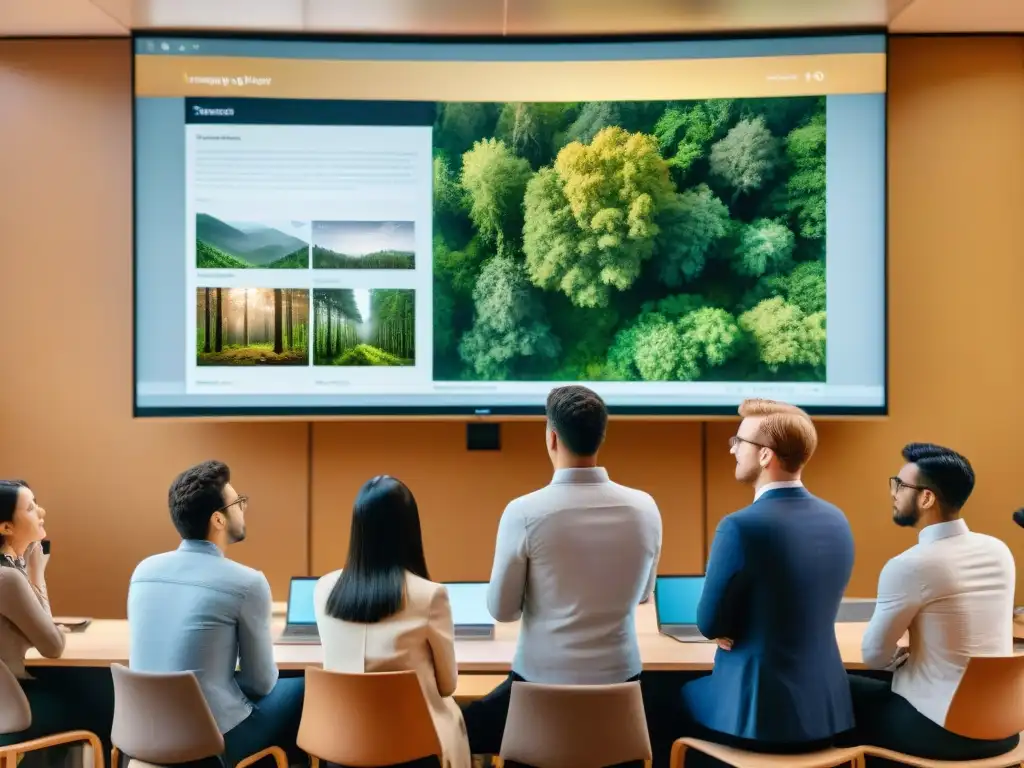 Grupo diverso de estudiantes y profesores en una sala universitaria, analizando imagen satelital de bosque con tecnología ERDAS Imagine