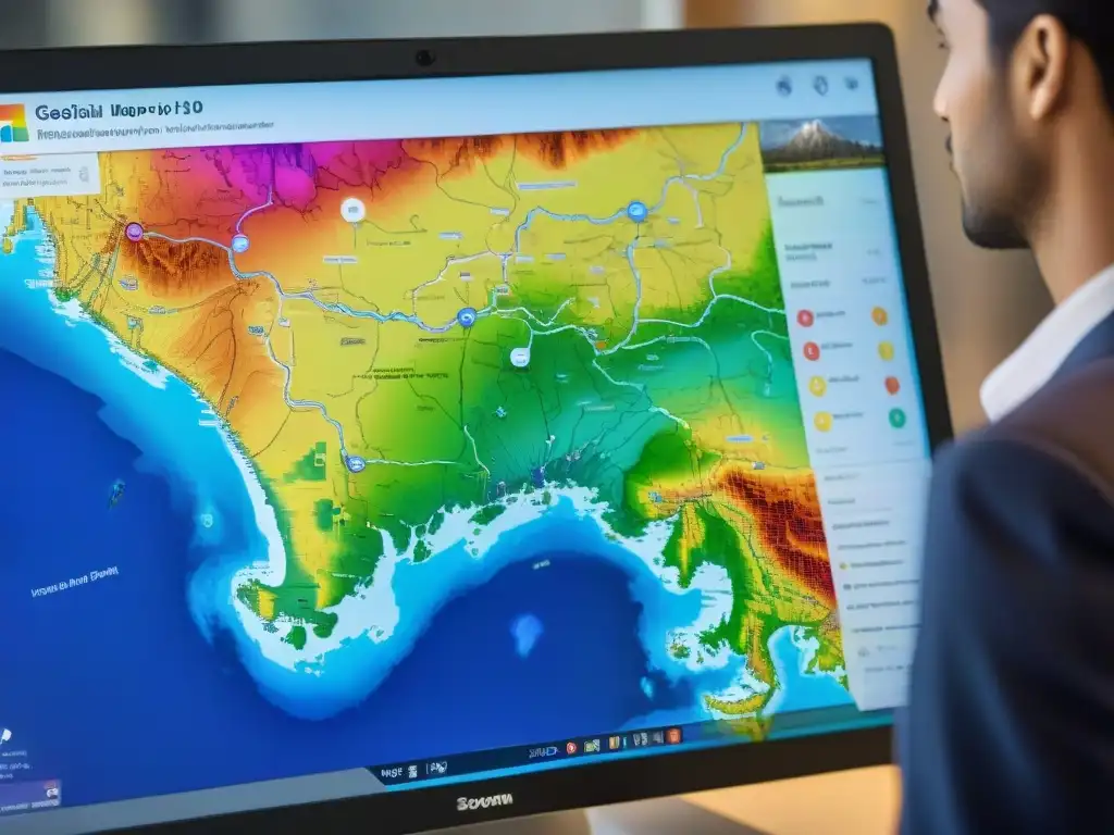 Grupo diverso de estudiantes y profesores interactuando con un mapa digital detallado, mostrando aplicaciones educativas de geolocalización y cartografía