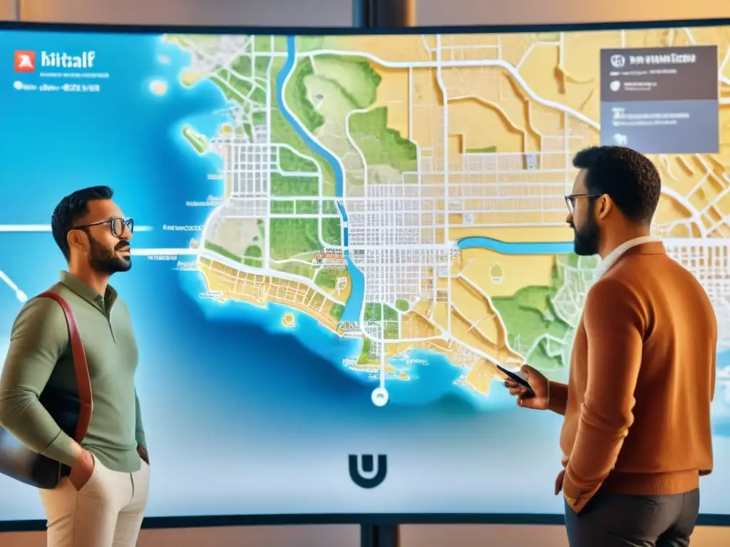 Un grupo diverso discute frente a un mapa digital detallado de una ciudad ficticia