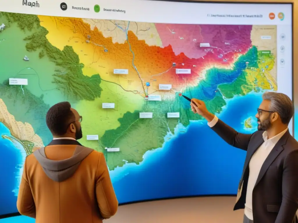 Grupo diverso interactúa con entusiasmo al democratizar la cartografía con SIG en un mapa digital colaborativo
