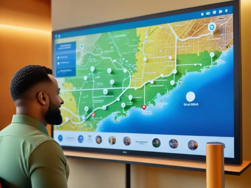 Grupo diverso interactúa con mapa digital inclusivo en pantalla táctil gigante