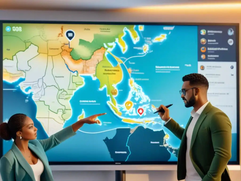 Grupo diverso actualizando mapa digital colaborativamente, con tecnología moderna