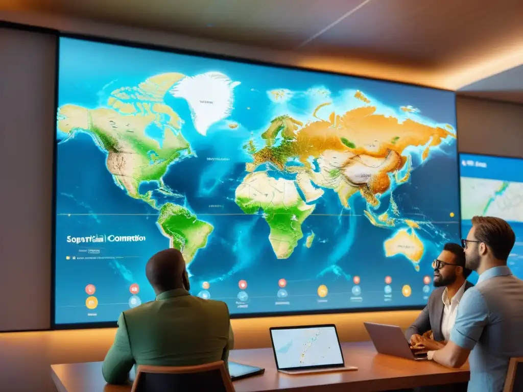 Un grupo diverso colaborando en un mapa interactivo en un ambiente tecnológico y efervescente