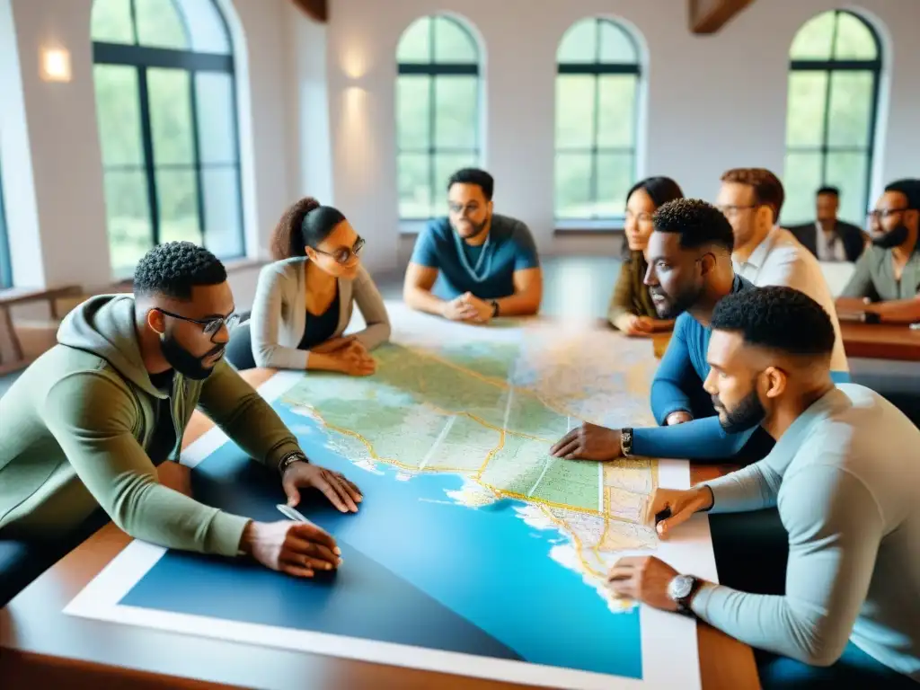 Un grupo diverso colabora en mapas alrededor de una mesa, en un ambiente comunitario y creativo