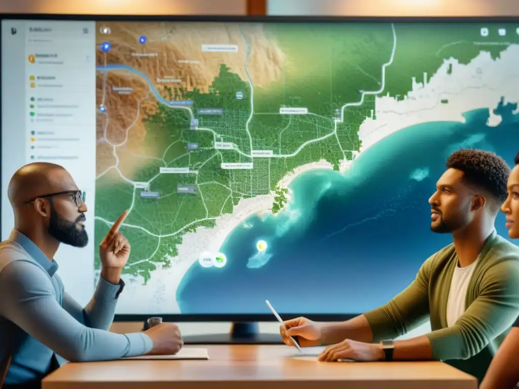 Un grupo diverso colabora en mapas en OpenStreetMap, mostrando trabajo en equipo y comunidad