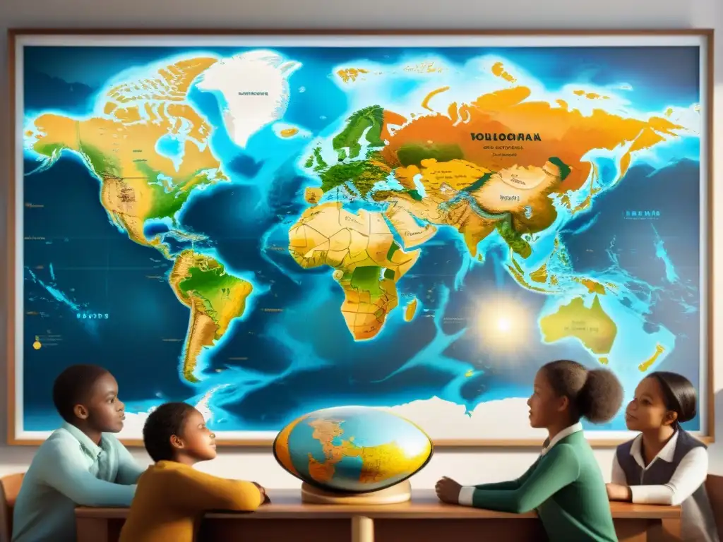 Explorando el mundo: Niños curiosos en clase con mapa vintage Grupo diverso de niños en aula, fascinados por un antiguo mapa mundial detallado