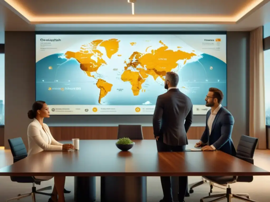Reunión estratégica: Profesionales en acción frente a mapa digital Un grupo diverso de profesionales de negocios discuten estrategias de mapas entrega cliente en una oficina moderna