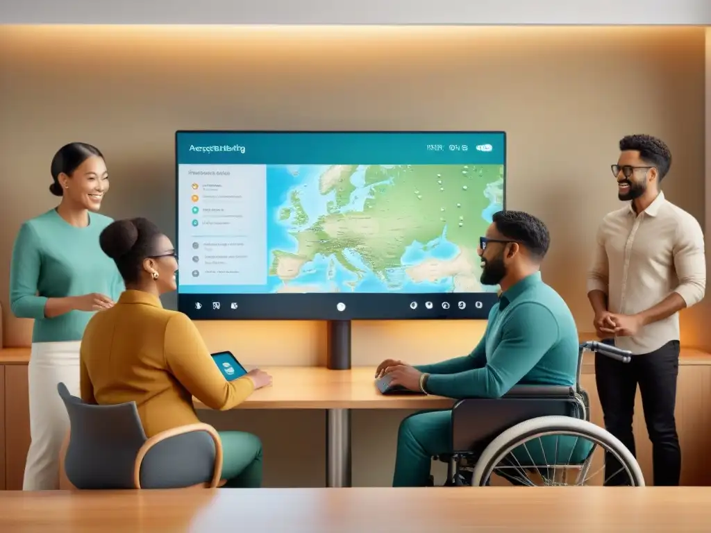 Un grupo diverso utiliza tecnologías de asistencia en un mapa digital