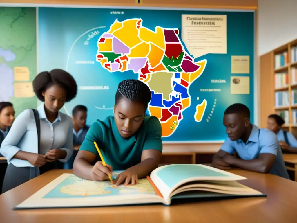 Un grupo de estudiantes africanos diversos en un aula soleada, explorando un mapa detallado de África