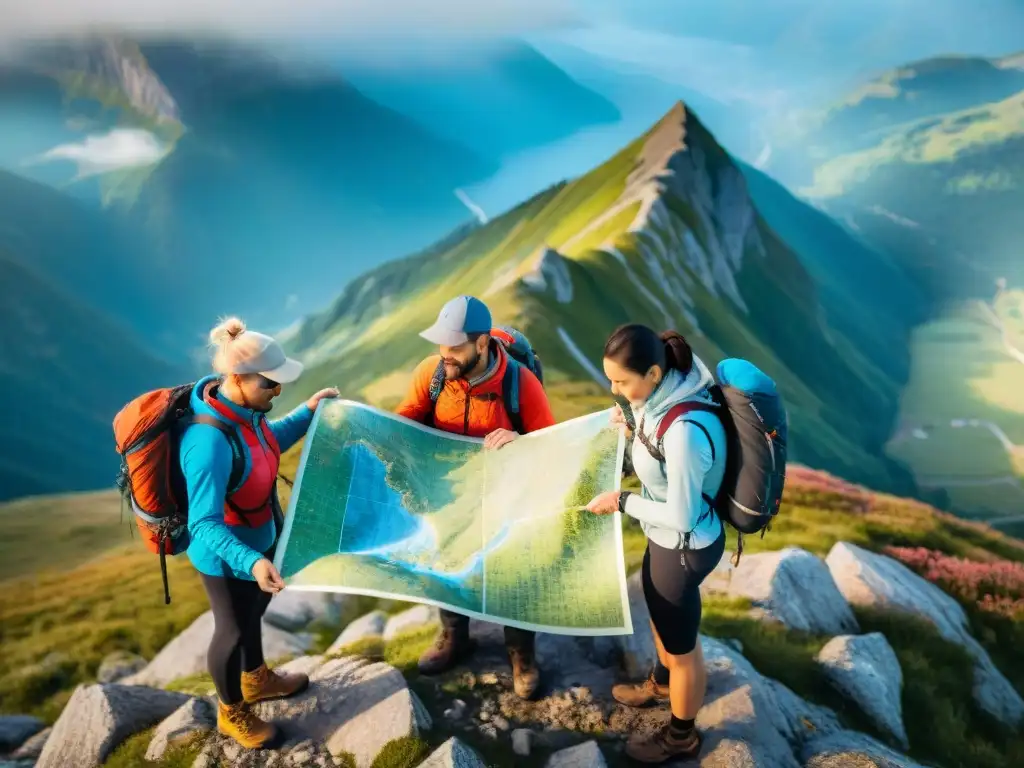 Grupo de excursionistas explorando un mapa topográfico en la cima de una montaña, con vistas panorámicas impresionantes