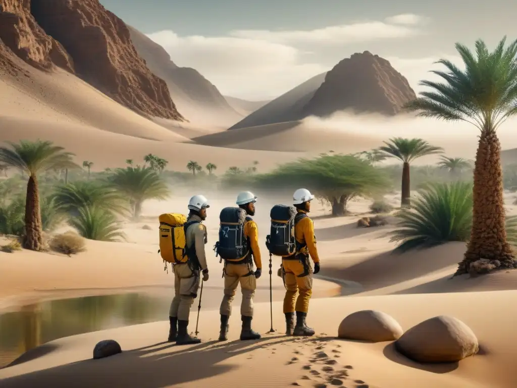 Grupo de exploradores en desierto árido, filtrando agua en oasis cristalino