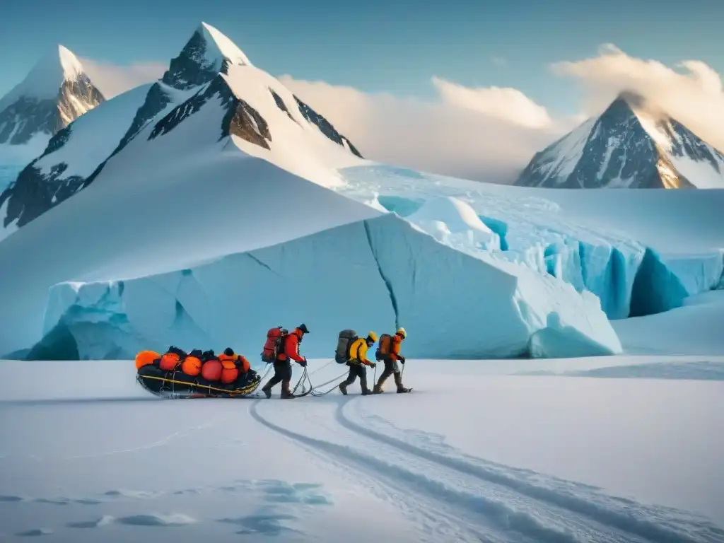 Grupo de exploradores en la helada tundra polar, arrastrando un trineo