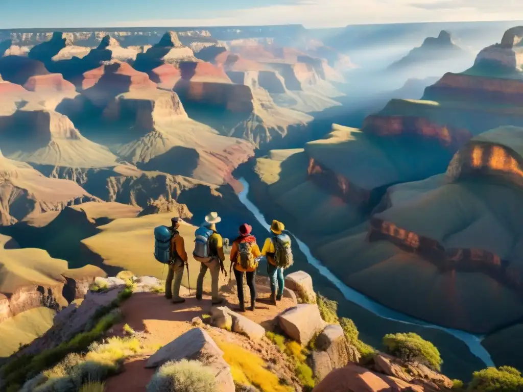 Un grupo de exploradores maravillados en el borde de un cañón, con mochilas y binoculares, iluminados por el cálido atardecer