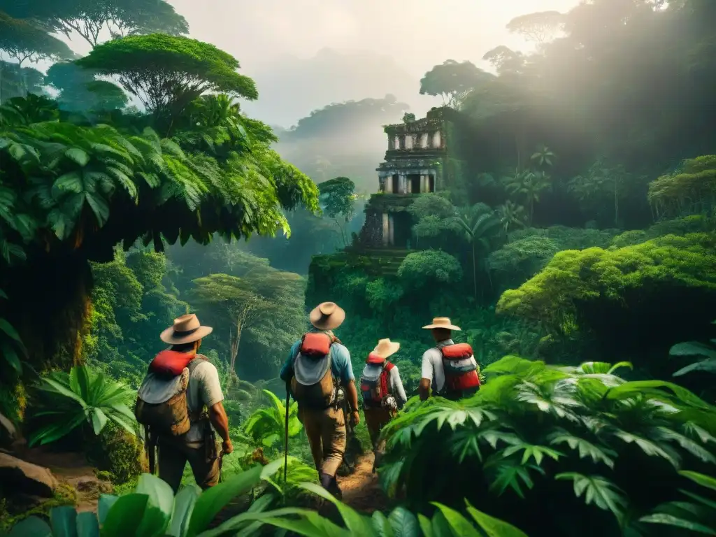 Un grupo de exploradores en una selva densa con ruinas antiguas al fondo