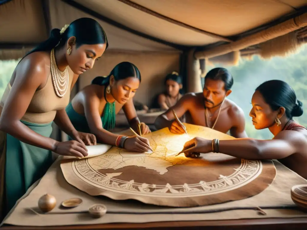 Grupo indígena interpretando cartografía sin escritura en piel de animal, usando pigmentos naturales y herramientas artesanales en cabaña acogedora