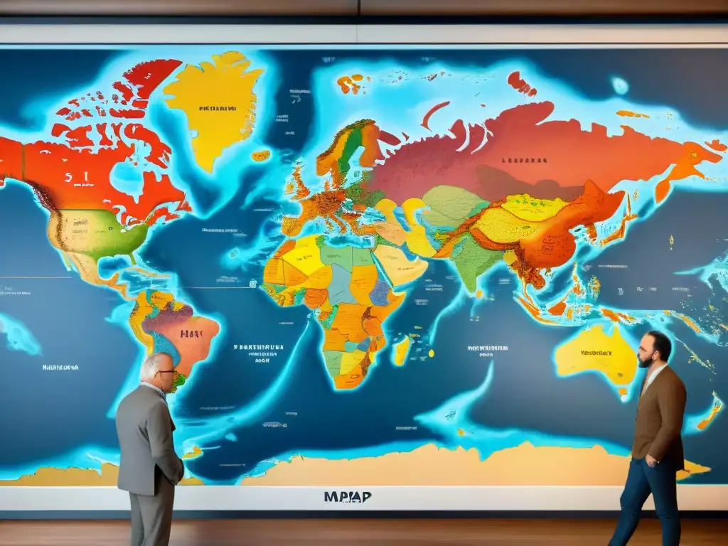 Grupo de influyentes cartógrafos de distintas épocas alrededor de un detallado mapa mundial