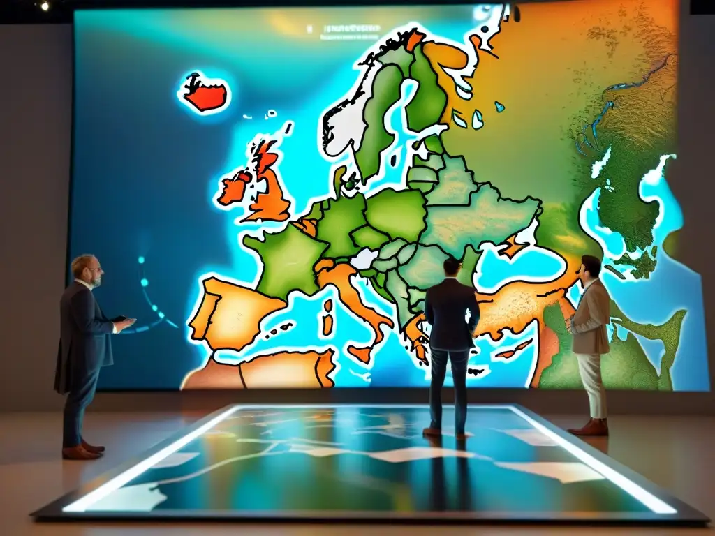 Un grupo de influyentes cartógrafos discuten frente a un mapa digital holográfico de Europa, simbolizando la evolución de la cartografía digital