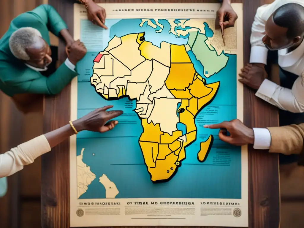 Un grupo de líderes tribales africanos discute estrategias sobre cartografía en disputas territoriales africanas en un mapa detallado