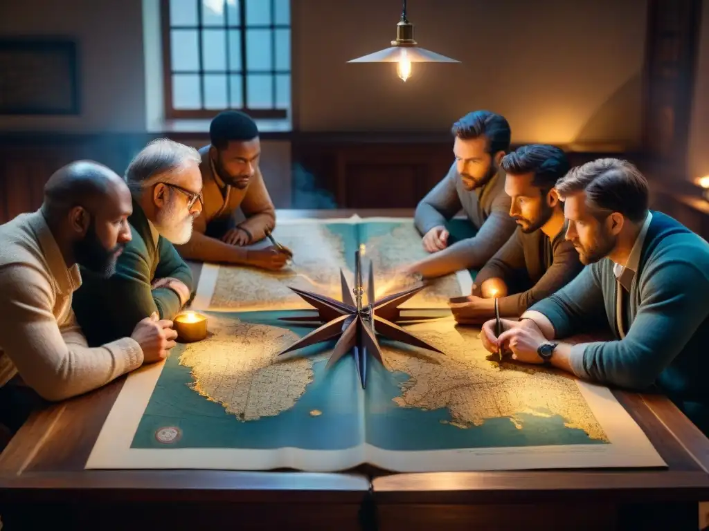 Grupo de cartógrafos discutiendo y dibujando mapas antiguos en una mesa de madera iluminada por velas