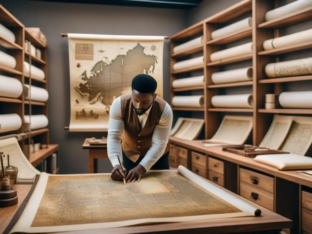 Grupo de cartógrafos dibujando mapas detallados en pergamino, resaltando la importancia de la cartografía en la historia