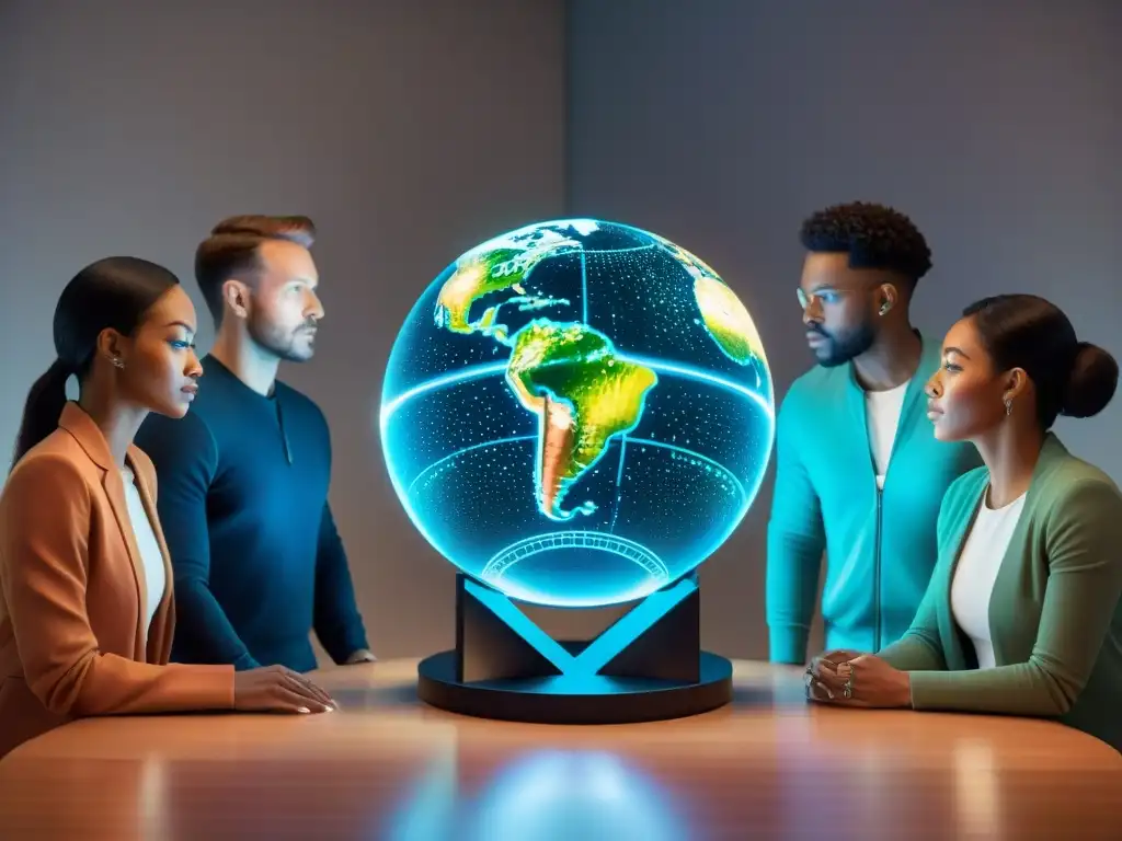 Un grupo de cartógrafos modernos cartografía territorios desconocidos en un globo holográfico futurista