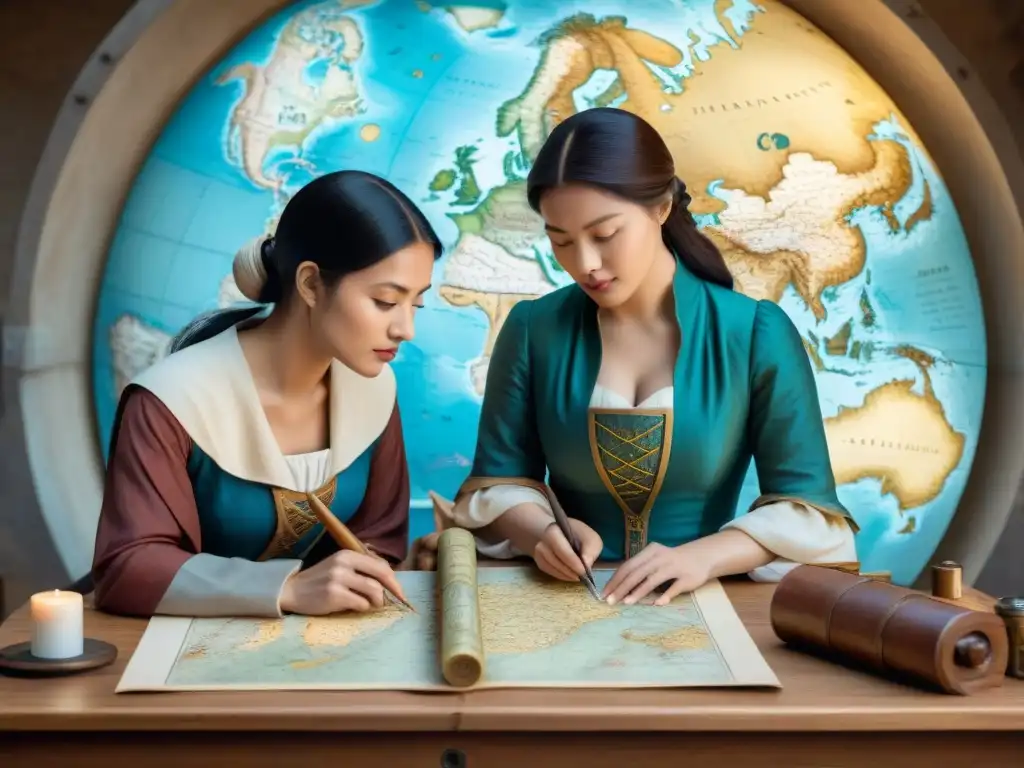 Grupo de mujeres en atuendo medieval creando mapas en paisajes antiguos, simbolizando su rol en la historia de la cartografía