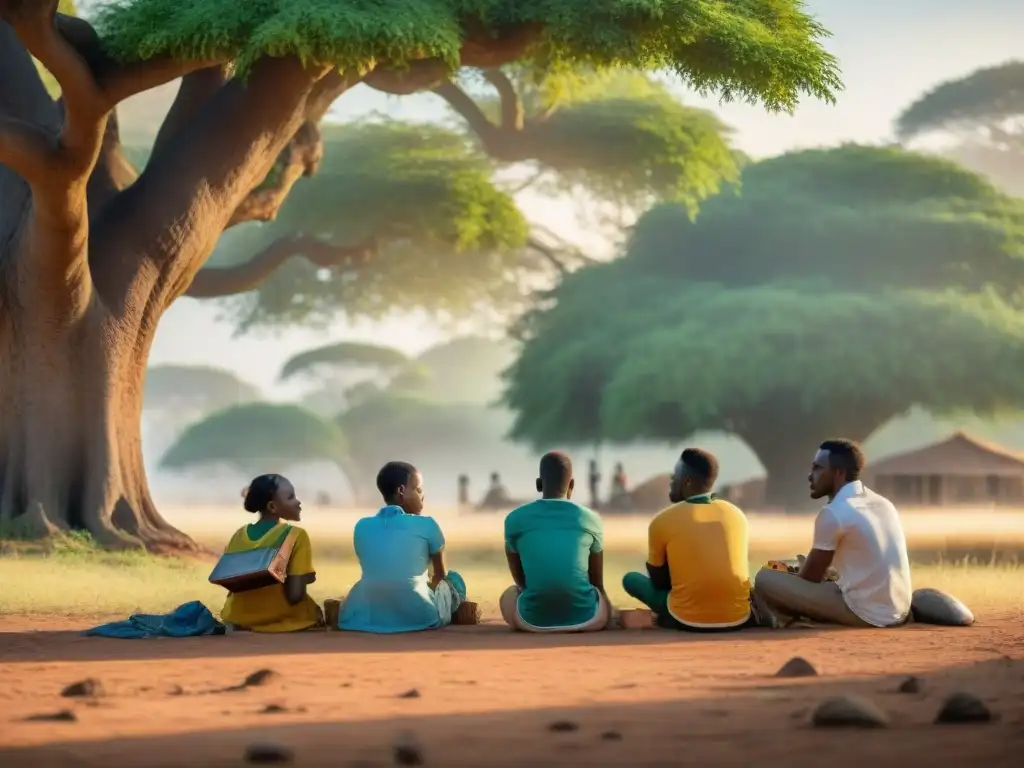 Grupo de niños africanos aprendiendo cartografía bajo un árbol, resaltando la importancia de la cartografía en la educación de África