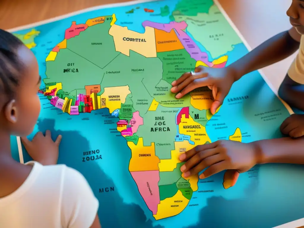 Grupo de niños africanos en clase, explorando un detallado mapa de África con curiosidad y asombro