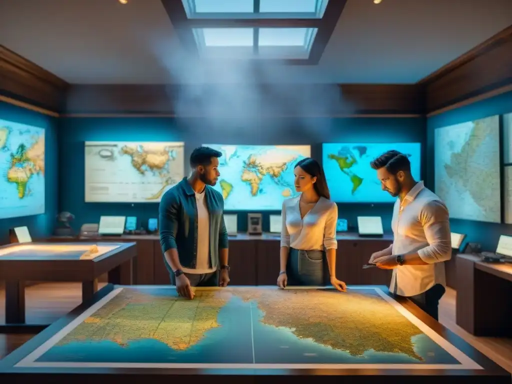 Grupo de pioneros en sala de cartografía histórica con tecnología AI y mapas antiguos, reflejando la evolución de la cartografía digital