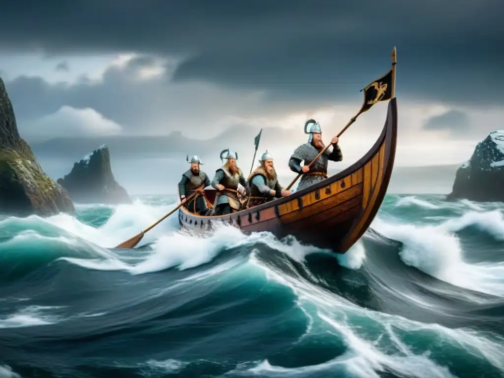 Épicos vikingos navegando mares del norte en su drakkar Grupo de vikingos navegando hábilmente en su drakkar por mares del norte, demostrando sus técnicas cartográficas