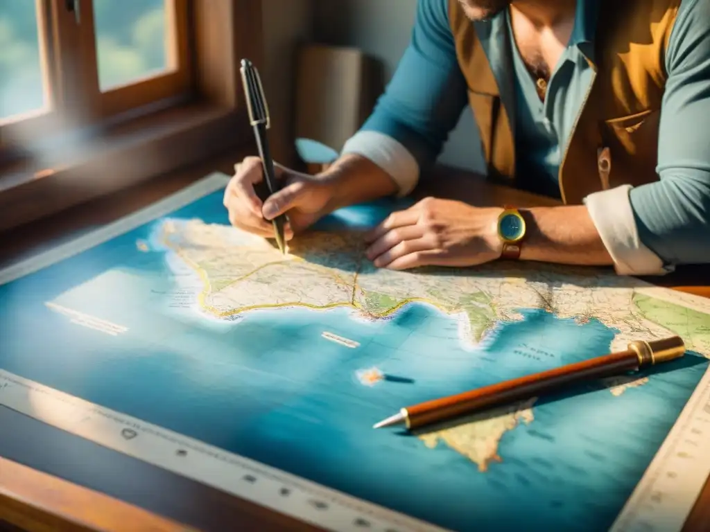 Un hábil cartógrafo detallando un antiguo mapa con instrumentos vintage en una mesa de madera iluminada por el sol