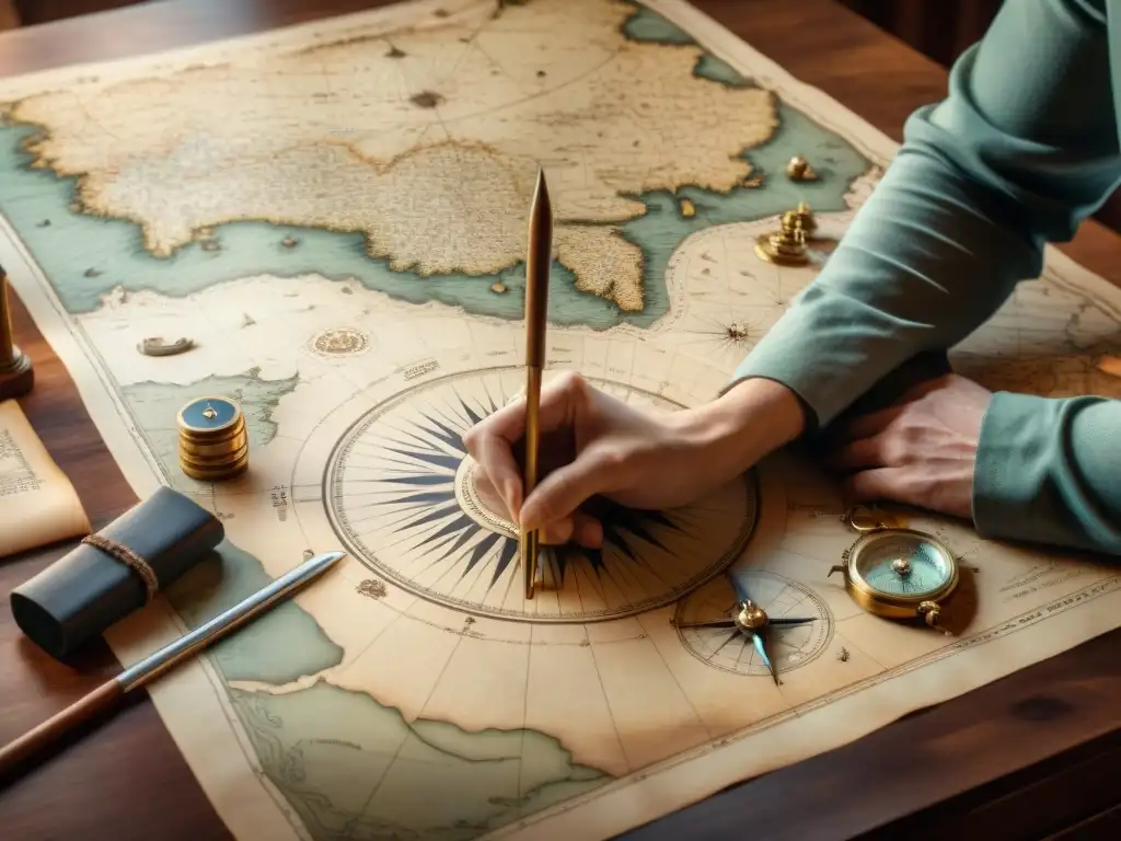 Maestro cartógrafo trazando un mapa detallado en pergamino antiguo Un hábil cartógrafo traza un detallado mapa en pergamino antiguo rodeado de herramientas de navegación, evocando técnicas cartografía antigua moderna