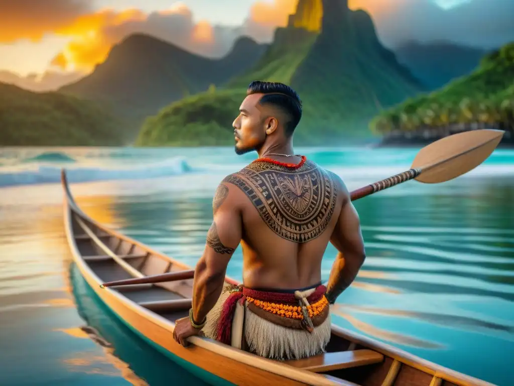 Un hábil navegante polinesio lee las estrellas en su canoa tradicional al atardecer en el océano, evocando la historia de la cartografía polinesia