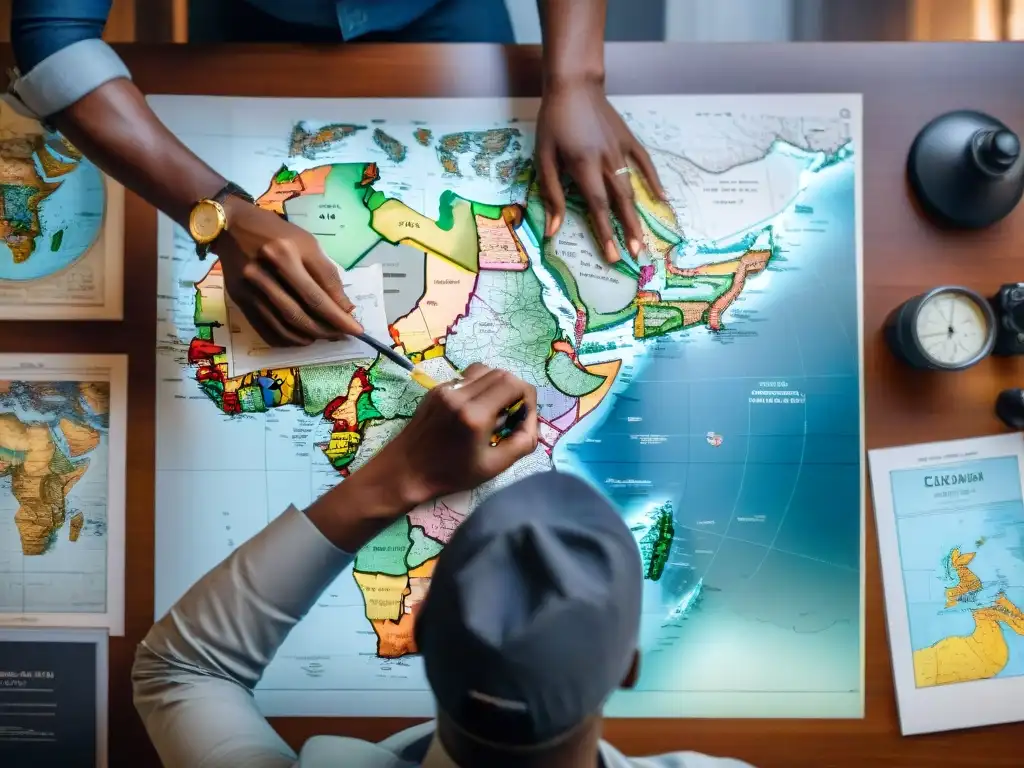 Hábiles cartógrafos africanos trazando mapas detallados en una representación auténtica de la cartografía africana en la era digital