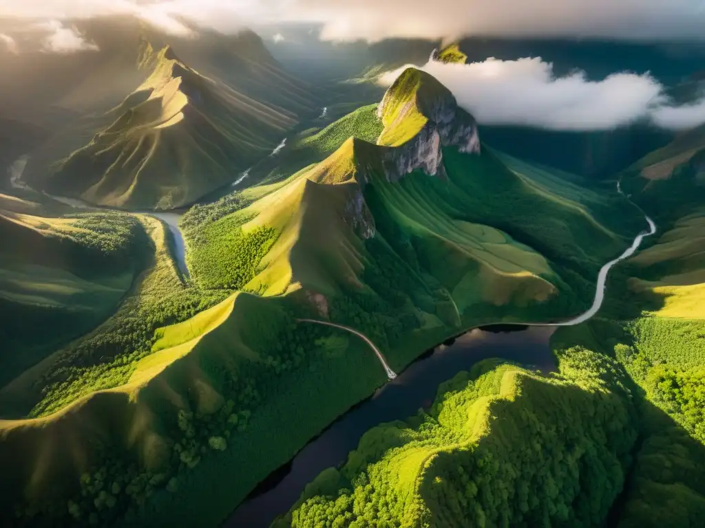 Hermosa vista aérea de una cadena montañosa con vegetación exuberante y un río serpenteante