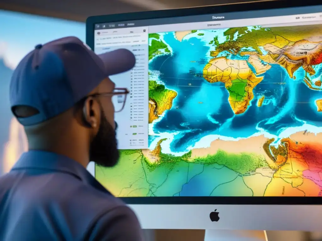 Herramienta cartografía digital avanzada: Geógrafo y urbanista analizan mapa digital con precisión y concentración